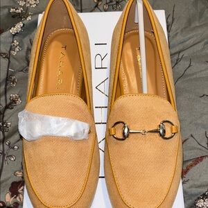 Tahari Yellow-Tan Loafers with Gold Bit Accent